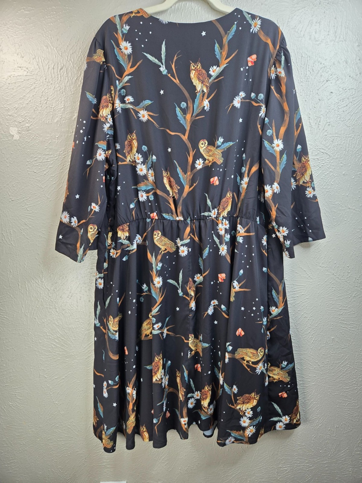 Eshakti Owl Print Pocket Dress Plus Sz 24W Black Flowy Novelty Art Forest Fairy