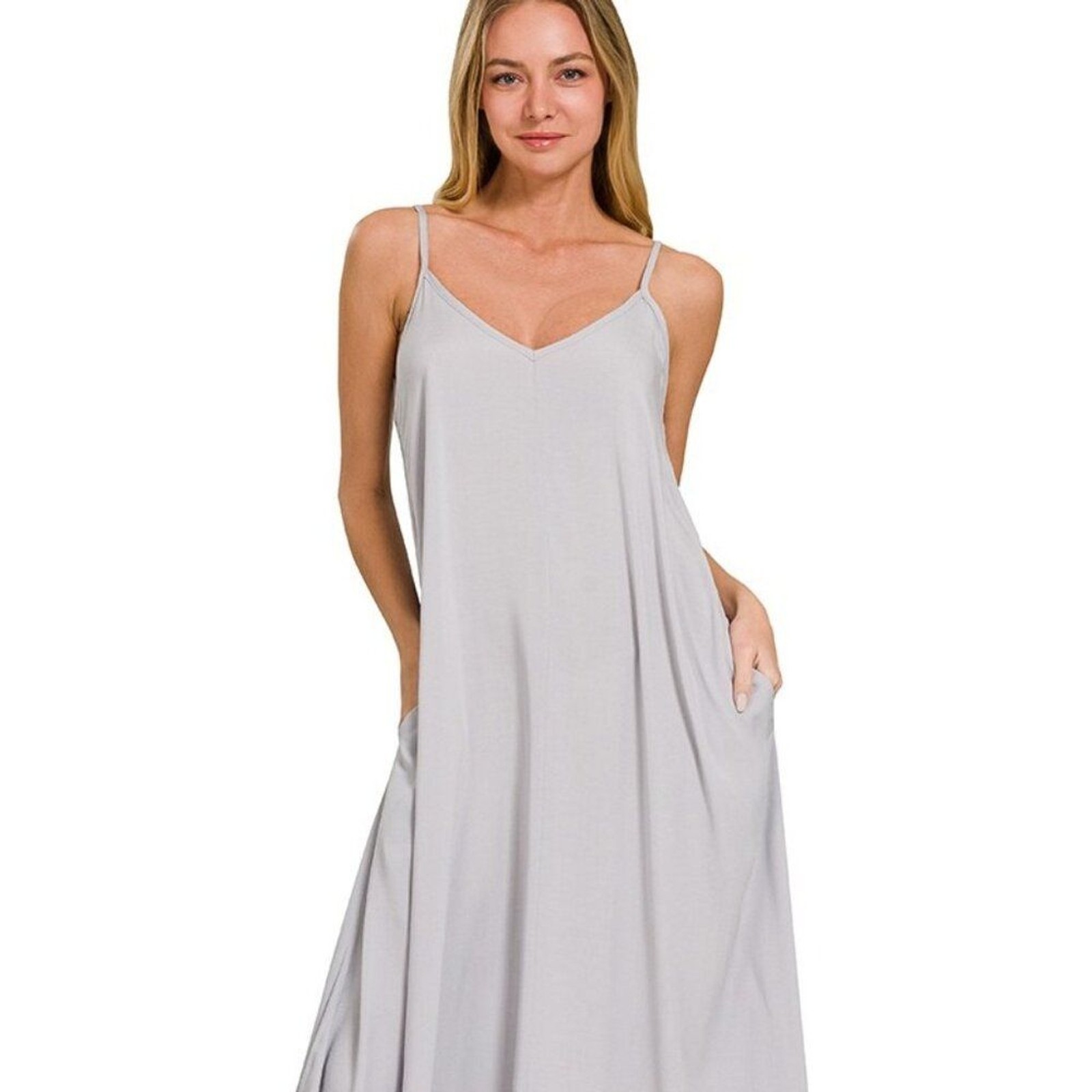Zenana Grey Woven Rayon Cool Fabric Arc Hem Cami Midaxie Flowy Pockets Dress