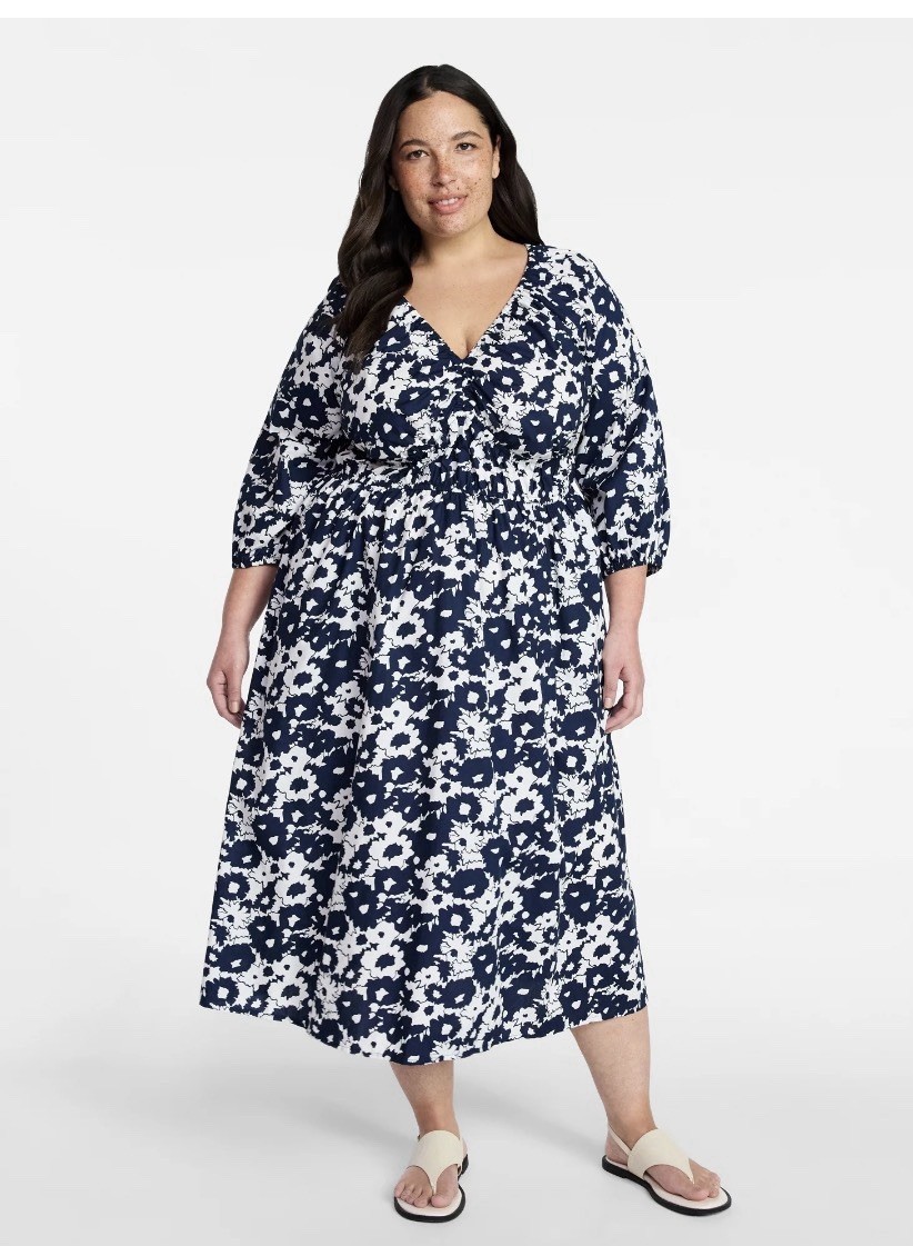 Terra & Sky Women’s Plus Size 3XL Navy Floral Midi Dress Adjustable Waist NWT