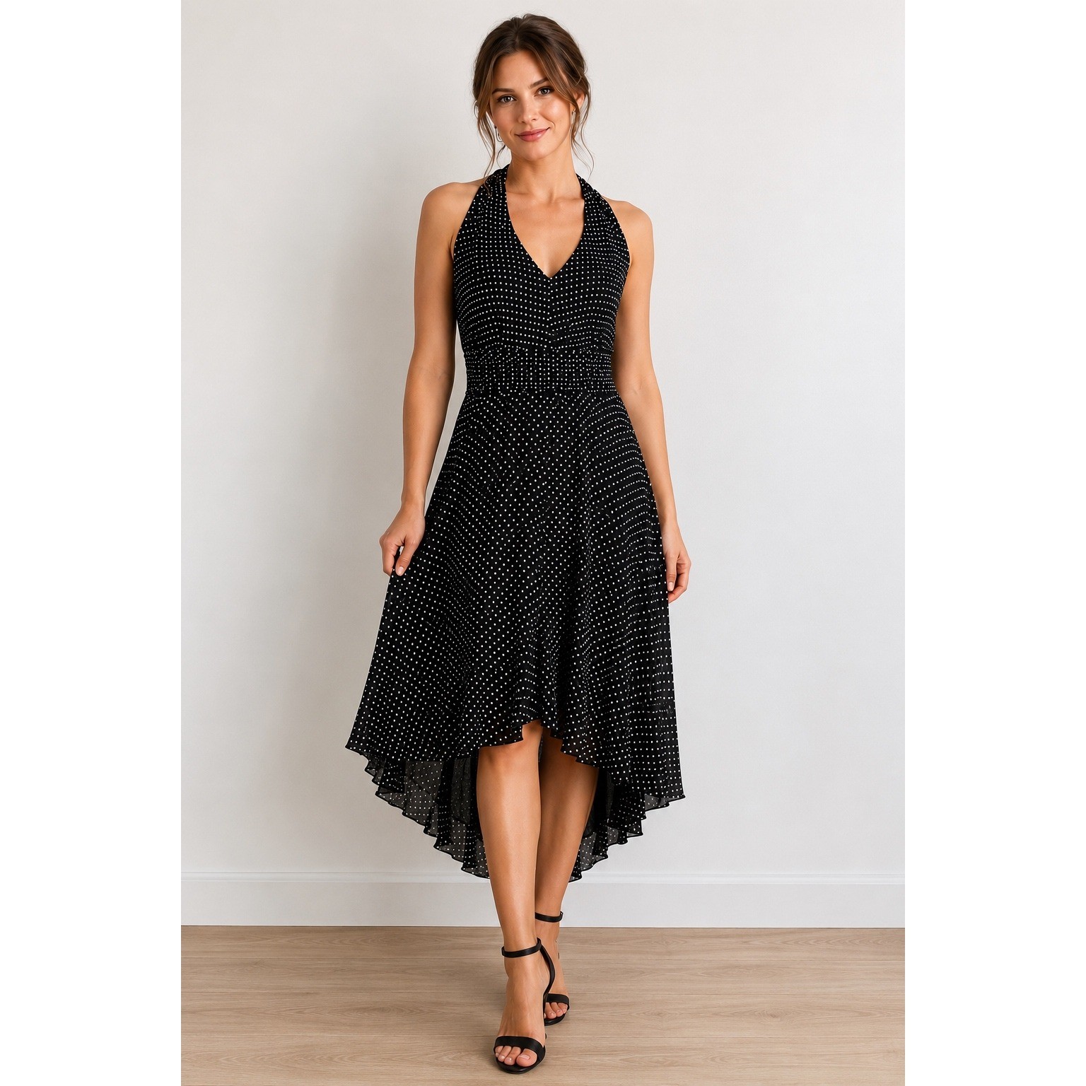 Kay Unger New York Black White Polka Dot Halter Hi-Low Chiffon Dress 16