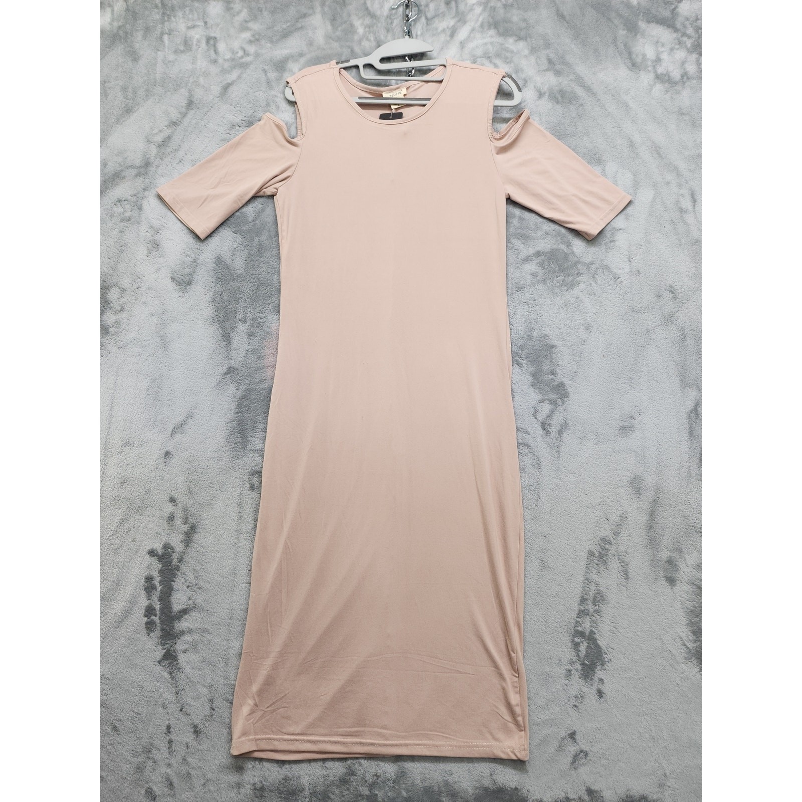 NEW YELETE Dress Womens S Tan Scoop Neck Cold Shoulder Short Sleeve Midi Stretch