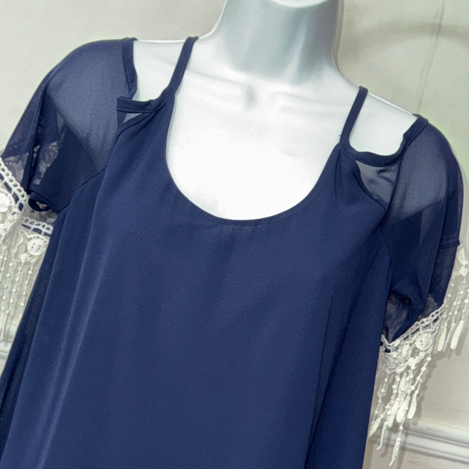 A’GACI Navy Blue Cold Shoulder Mini Dress White Crochet Lace Fringe Small