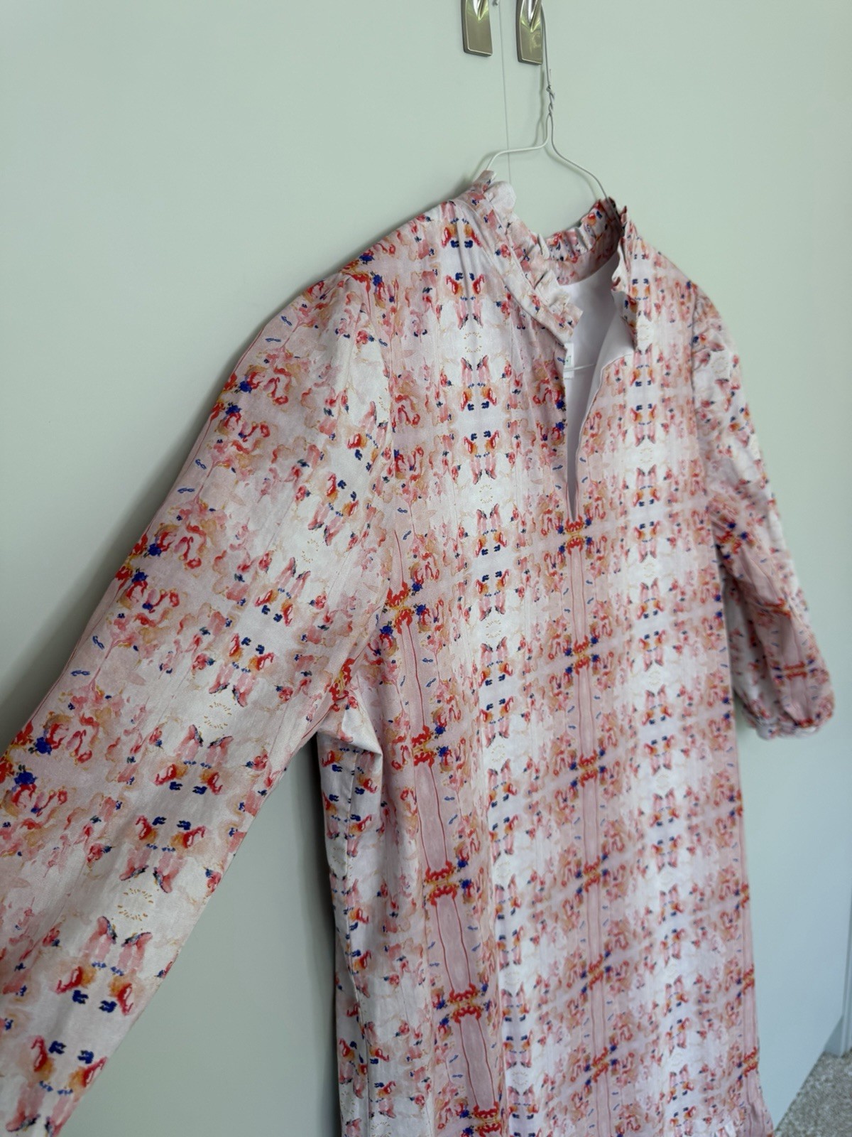 BROOKE WRIGHT DESIGNS 3/4 Sleeve Kaftan Midi Dress Ink Blot Peach Print Sz Large