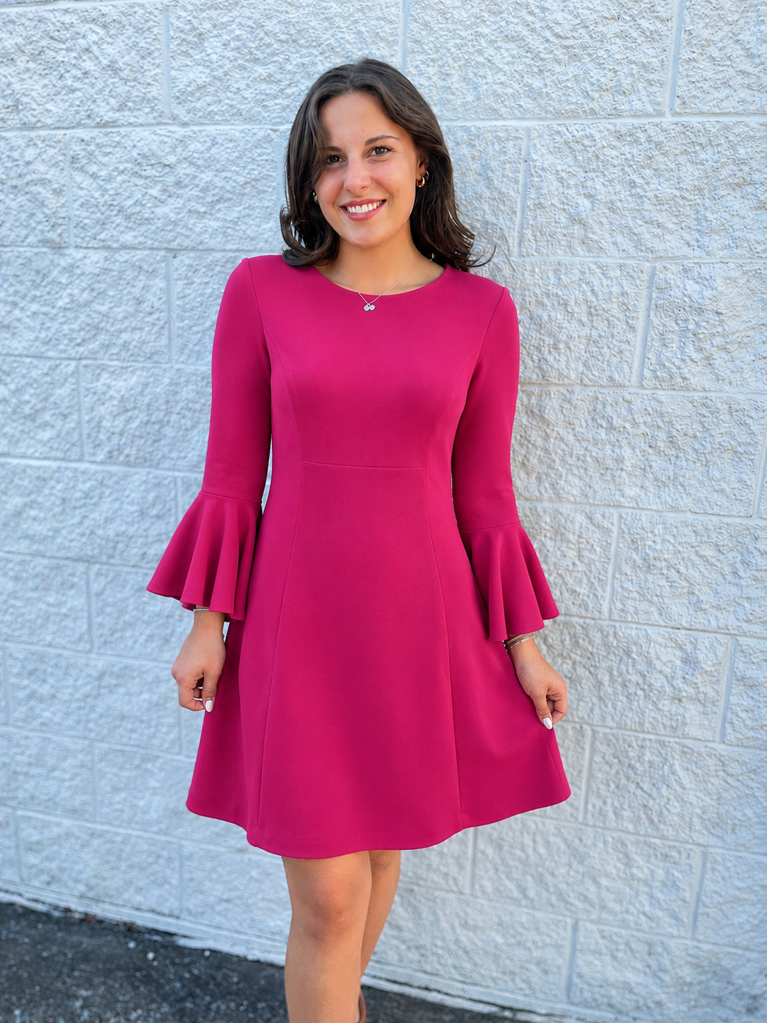 Trina Turk Crepe Knit Cocktail Dress Magenta Pink Bell Sleeves 6 A-Line Modest