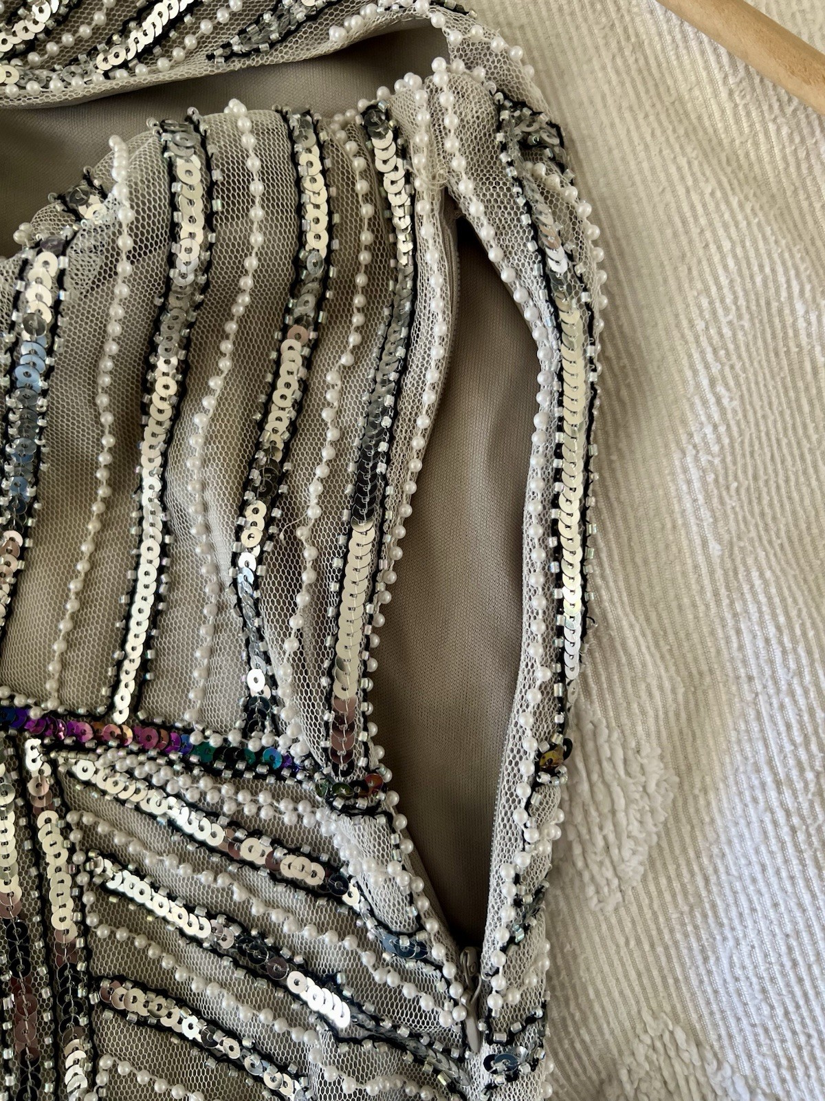 Womens Beige Beaded Sequin Fringe Mesh Sheath Cap Sleeve Zip Dress Size L