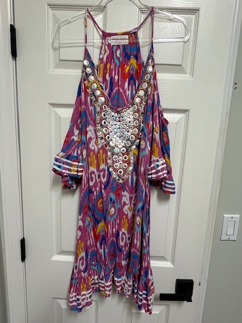 MISS JUNE PARIS Pink Multi Colored Open Shoulder Dress, OS