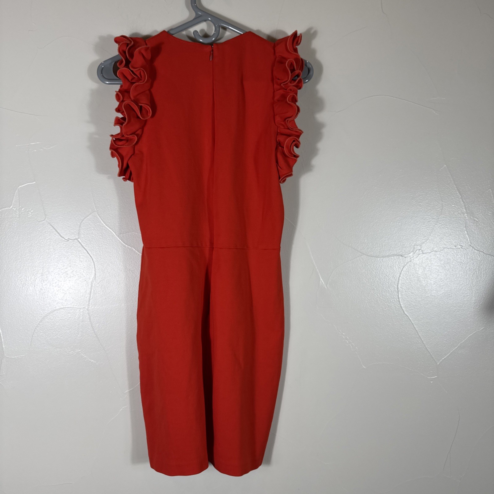 Amanda Uprichard Spandex Nylon Dress Tomato Red Medium Stretchy Ruffle Sleeves