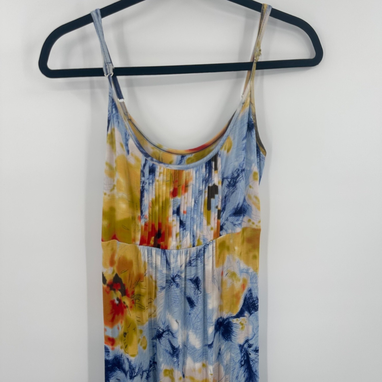 Calvin Klein Women Blue Yellow Abstract Floral Maxi Dress Empire Waist Stretch S
