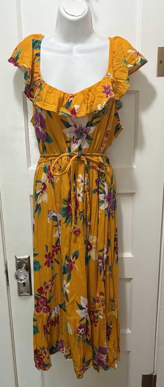 Old Navy Mustard Hawaiian Tropical Cotton Belt Cami Sun Dress Midi Resort L Luau