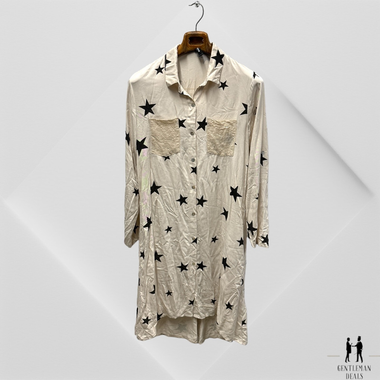 Venti 6 Womens Viscose Cotton Stars Button Down Shirt Dress Beige Size Large