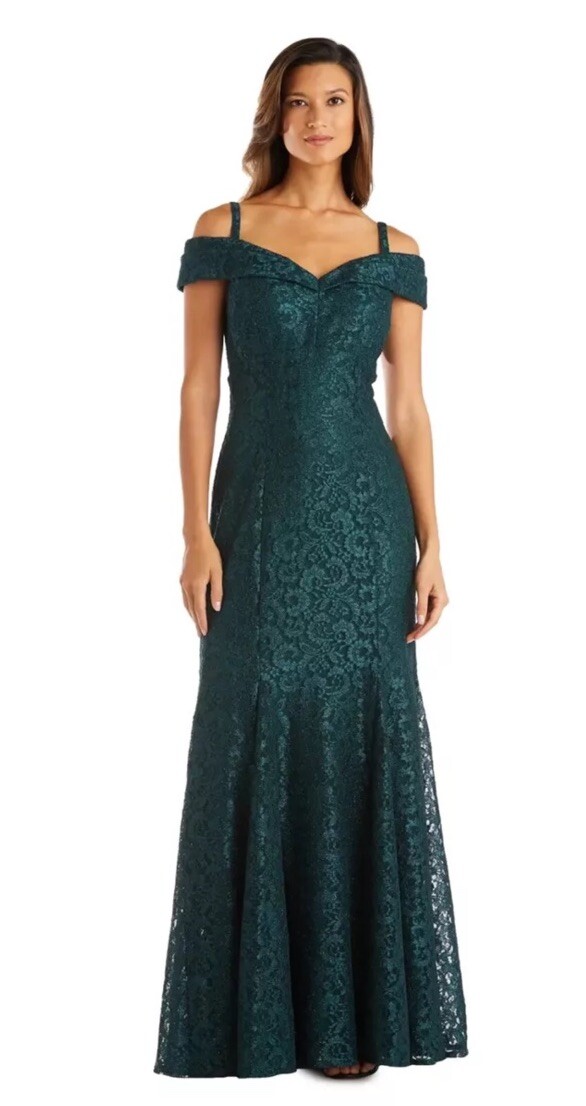 R&M Richards Women’s Off-The-Shoulder Lace Gown- Size 8 Green
