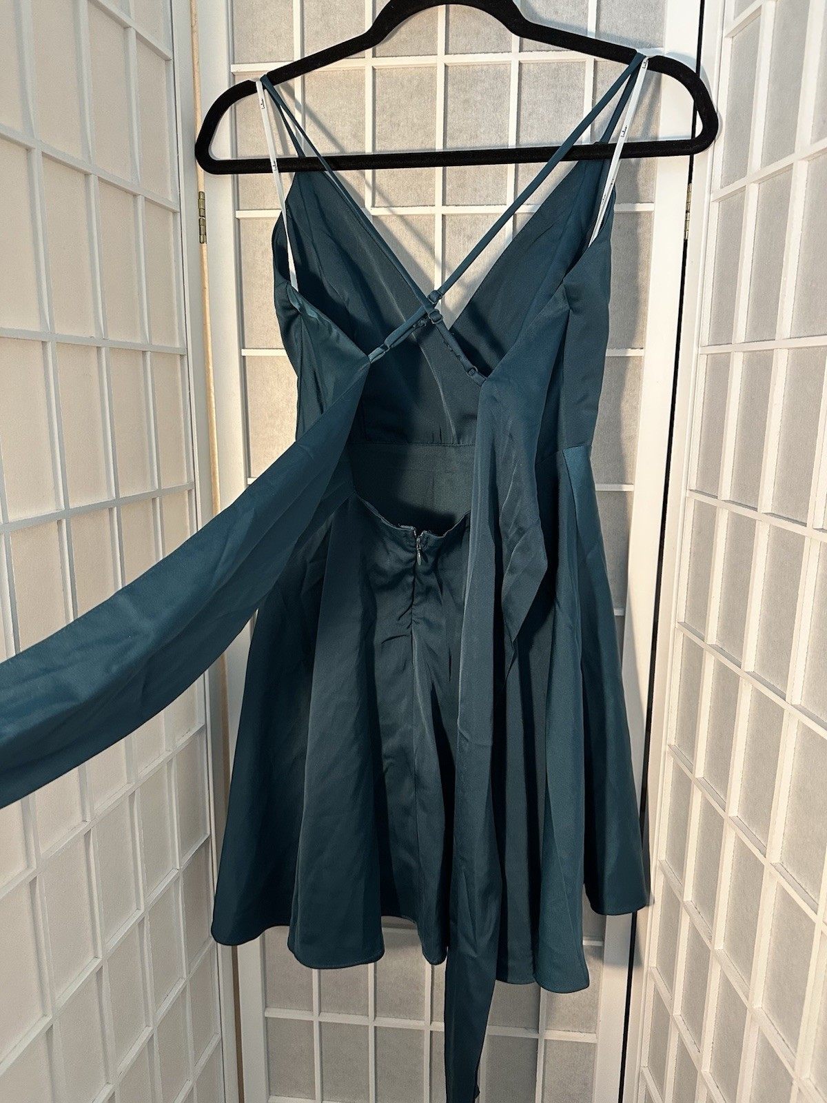 Lulus Teal Satin Fit & Flare V-Neck Sleeveless Strappy Bow Short Dress S