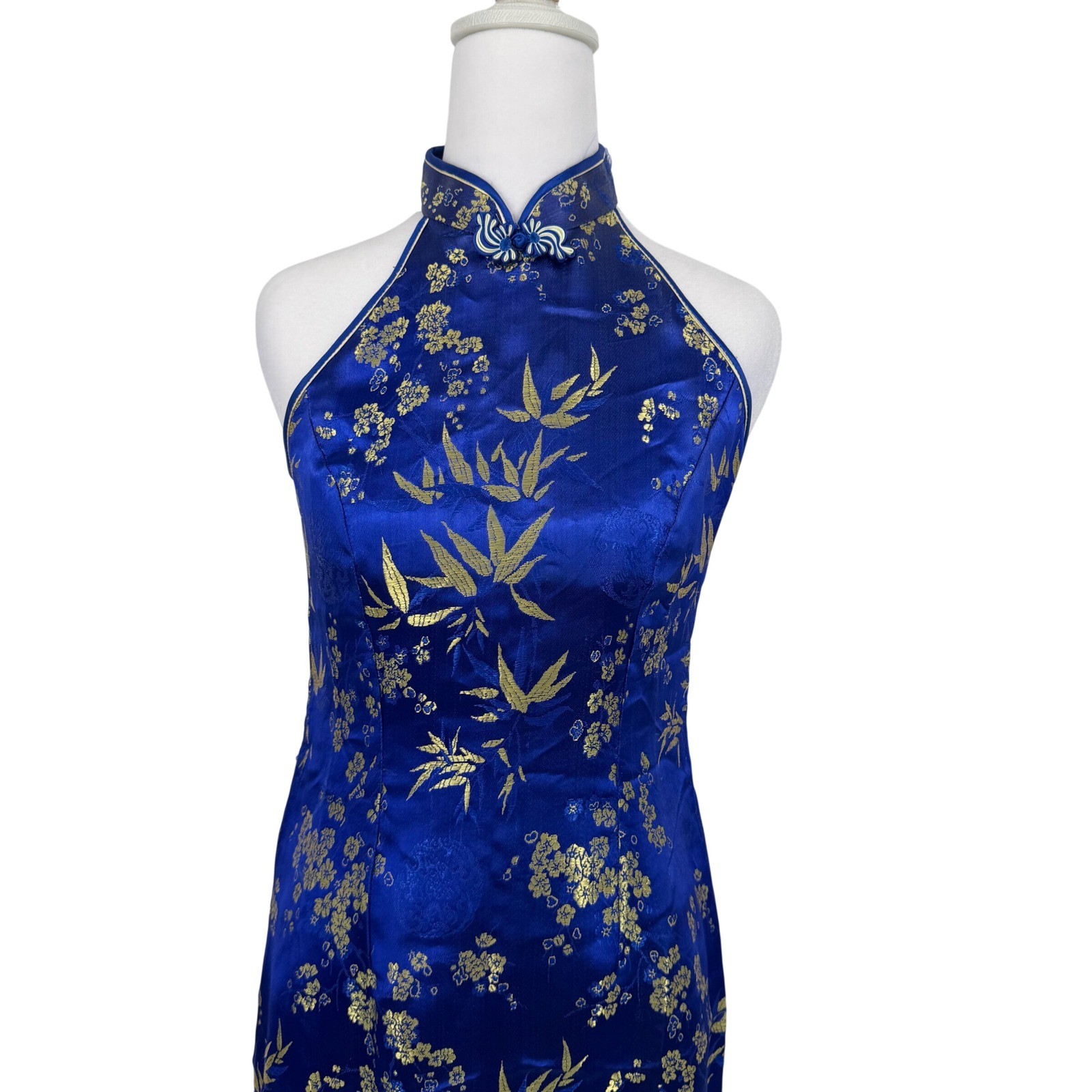 Silver Dragon Cheongsam Maxi Dress Women S Blue Gold Satin Embroidered Asian