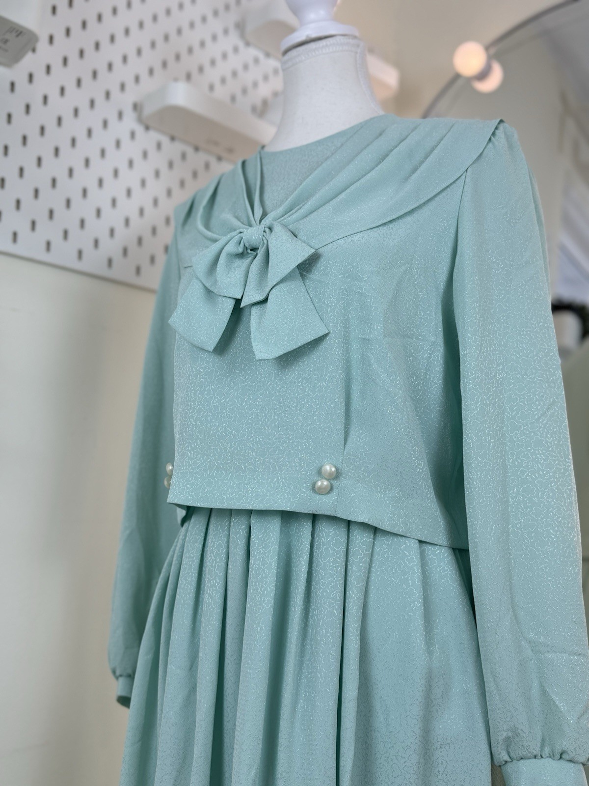 Fransoise Bow Neck Midi Dress Long Sleeve Pearl Button Detail Pleated Skirt
