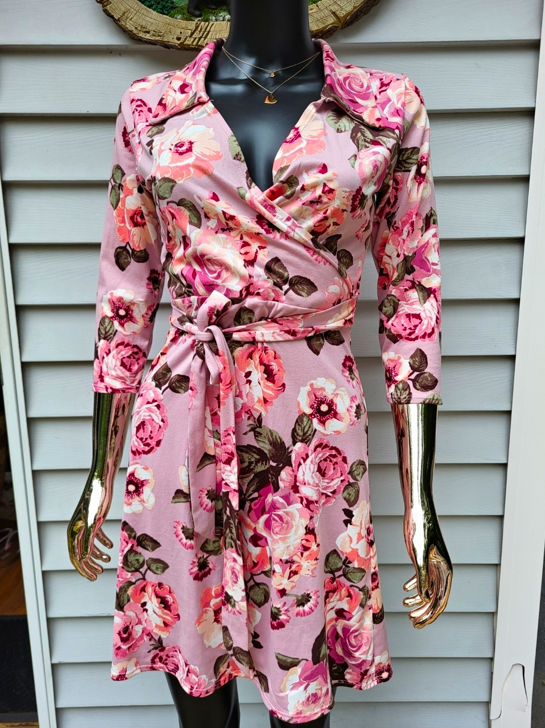 Star Vixen Womens Pink Floral V-Neck Wrap Dress 3/4 Sleeve Tie Belt Size S
