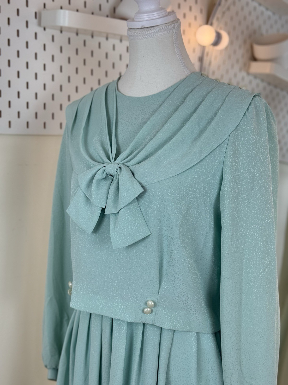 Fransoise Bow Neck Midi Dress Long Sleeve Pearl Button Detail Pleated Skirt