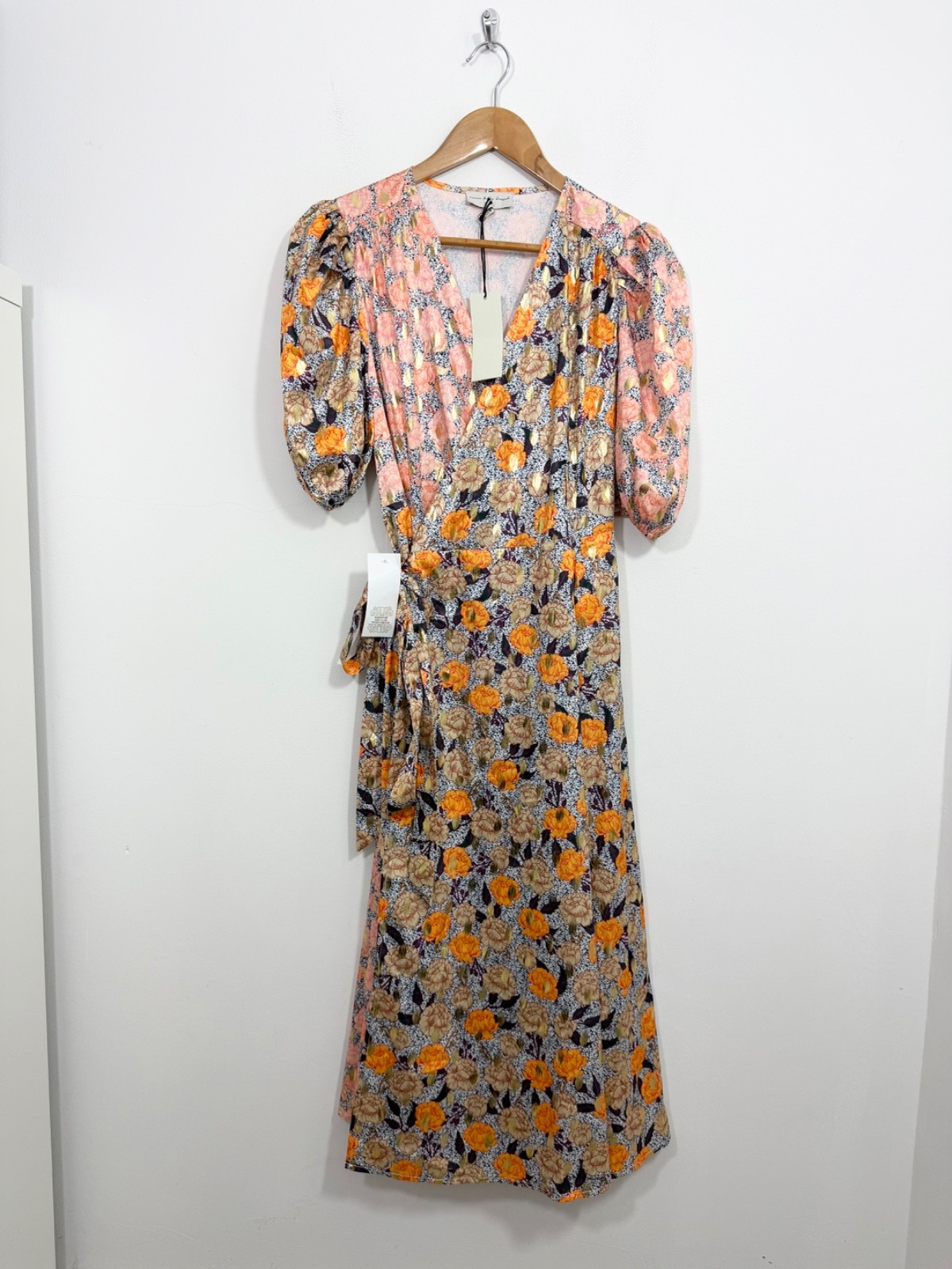 Never Fully Dressed Floral Gold Zsa Zsa Spliced Wrap Midi Dress Size UK 10
