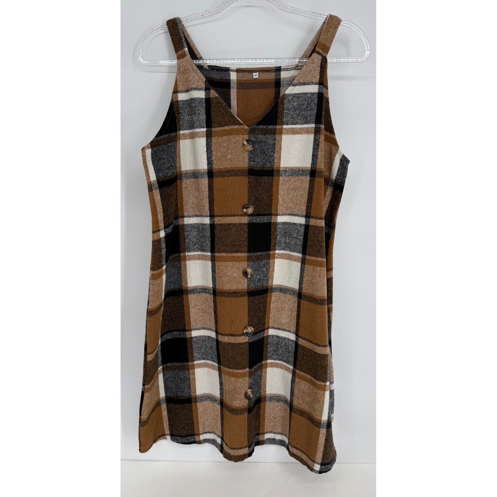 Brown Plaid Pinafore Jumper Dress Womens Sz M V-Neck Button Front Sleeveless