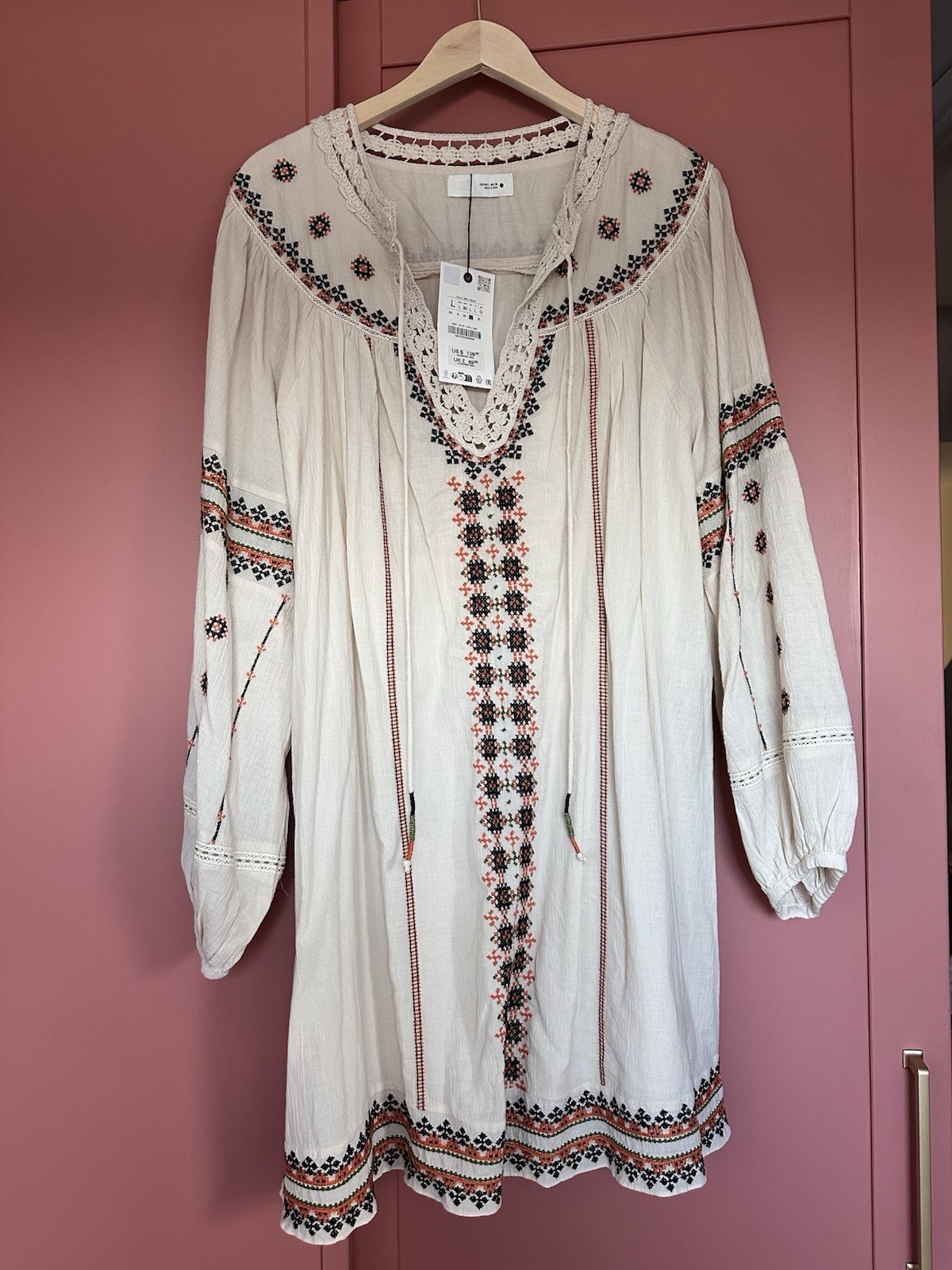Zara Boho Tunic Dress Size Large BNWT Cream Embroidered Long Sleeves