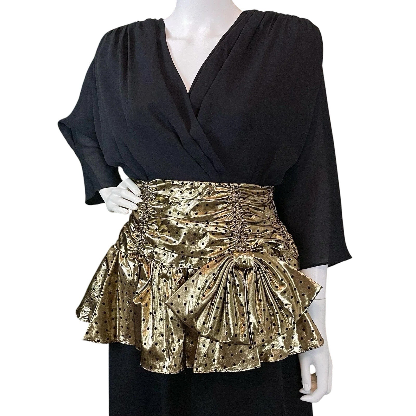 Vtg 80s Pat Richards Metallic Ruched Peplum Lame Dot Dress Black Gold Size 8