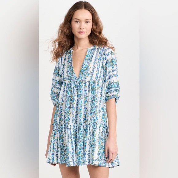 Poupette St. Barth || Aria A-line Mini Dress in Blue Waves Flowers M/L