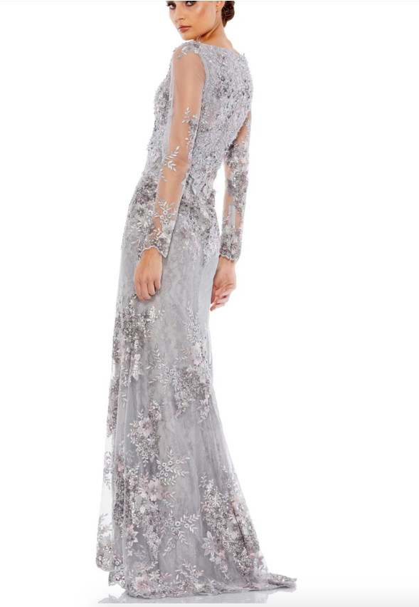 MAC DUGGAL 67539 EMBELLISHED V-NECK ILLUSIONS LONG SLEEVE PLATINUM GOWN sz 20W