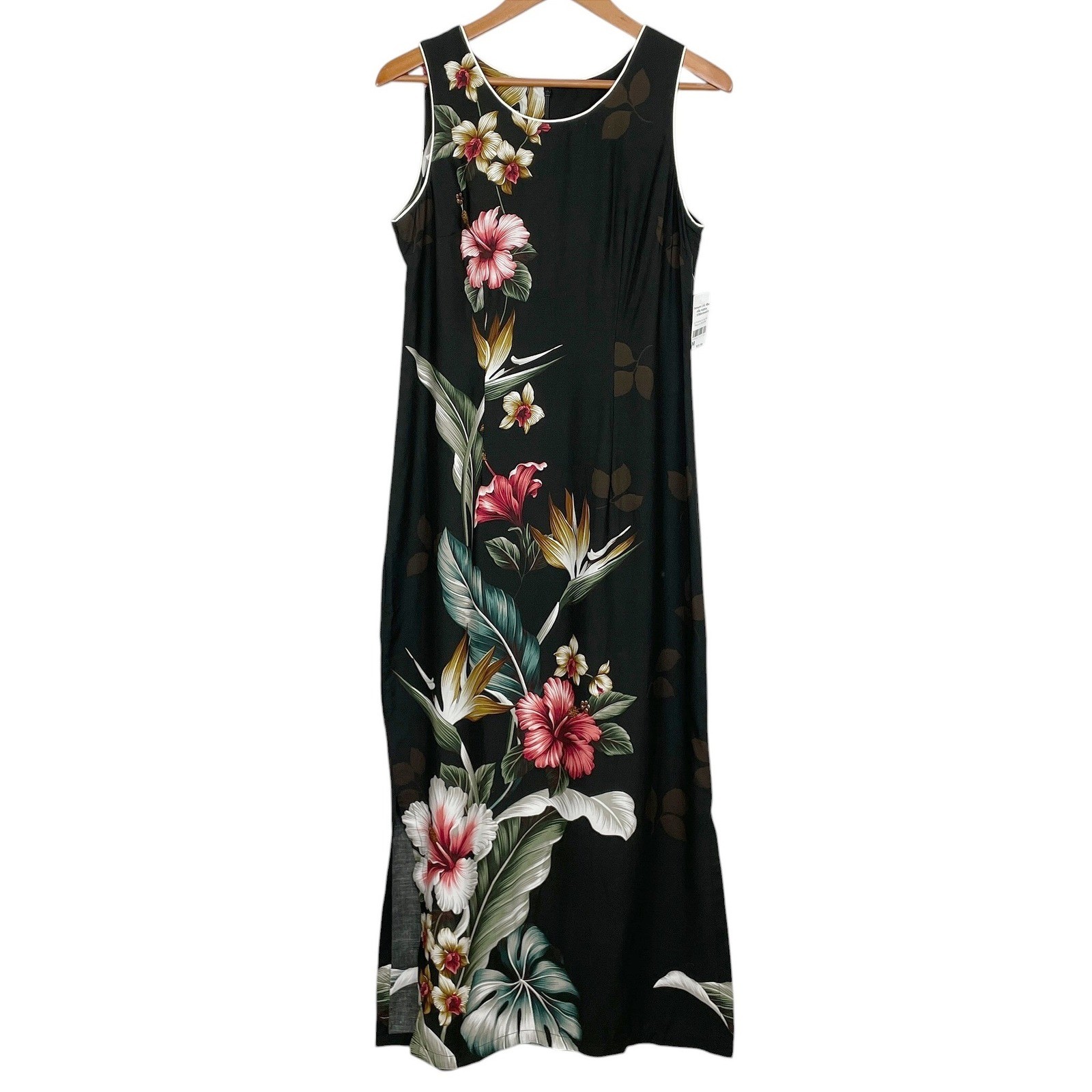 Vintage Paradise Bay Tropical Floral Black Maxi Sheath Dress M Sleeveless Hawaii