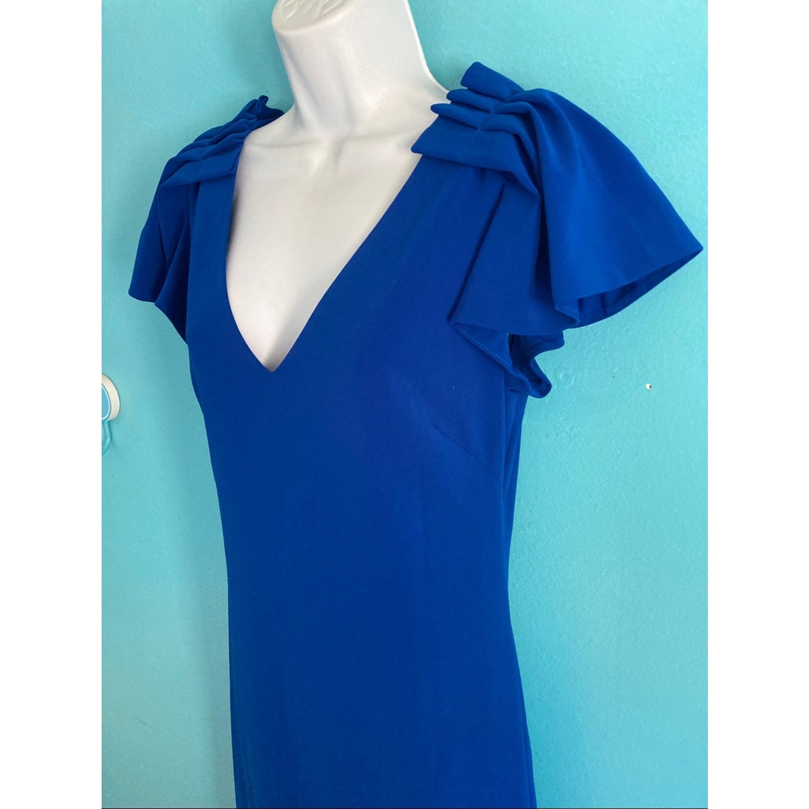 Badgley Mischka Size 8 Royal Blue Crepe Evening Gown Ruffle Sleeve