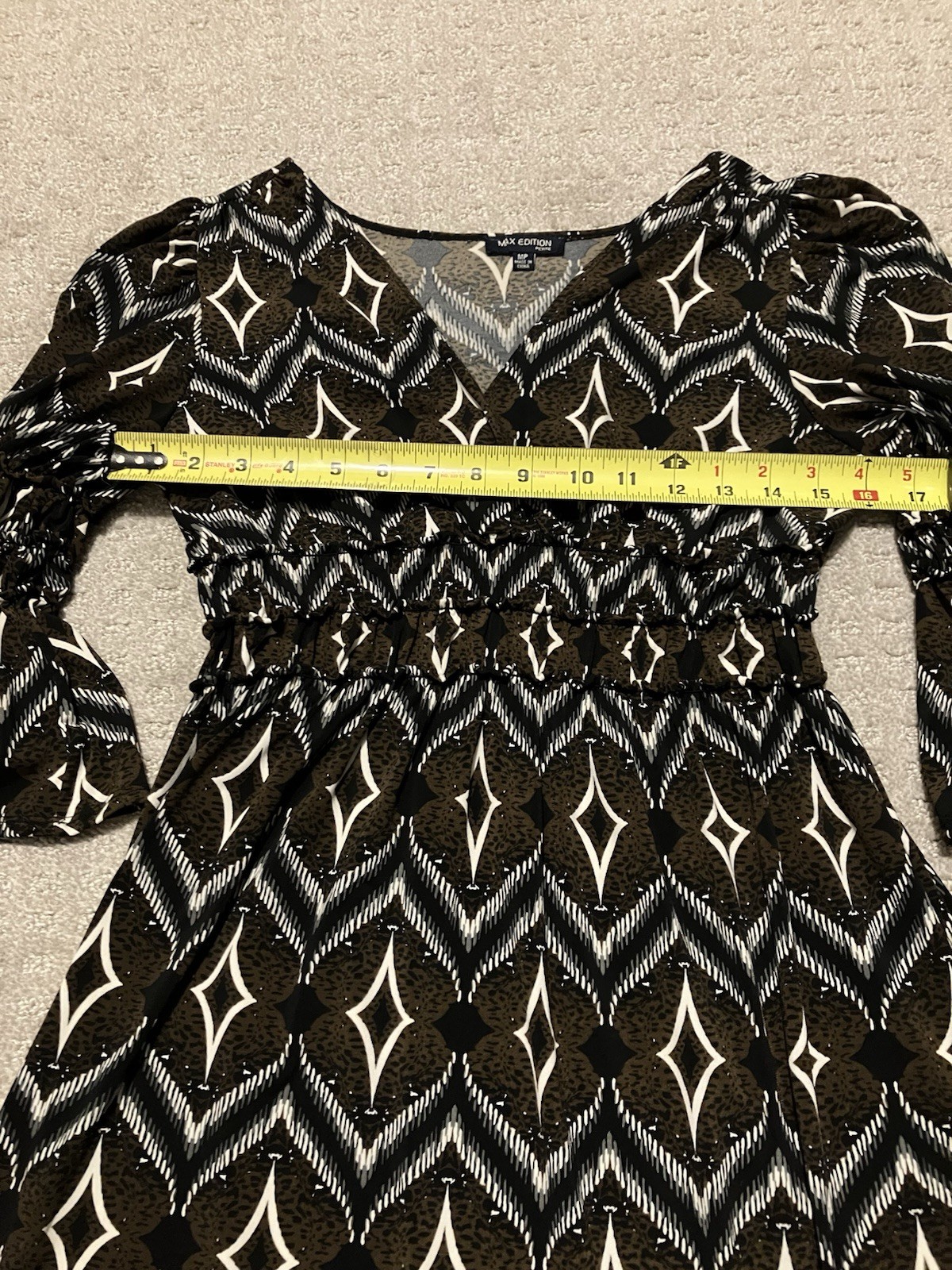 Max Edition Petite MP Brown Black Geometric Smocked Bell Sleeve Dress Midi