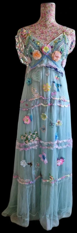 Ooak handmade bohemian Artwear silk chiffon floral butterfly beaded crochet crys