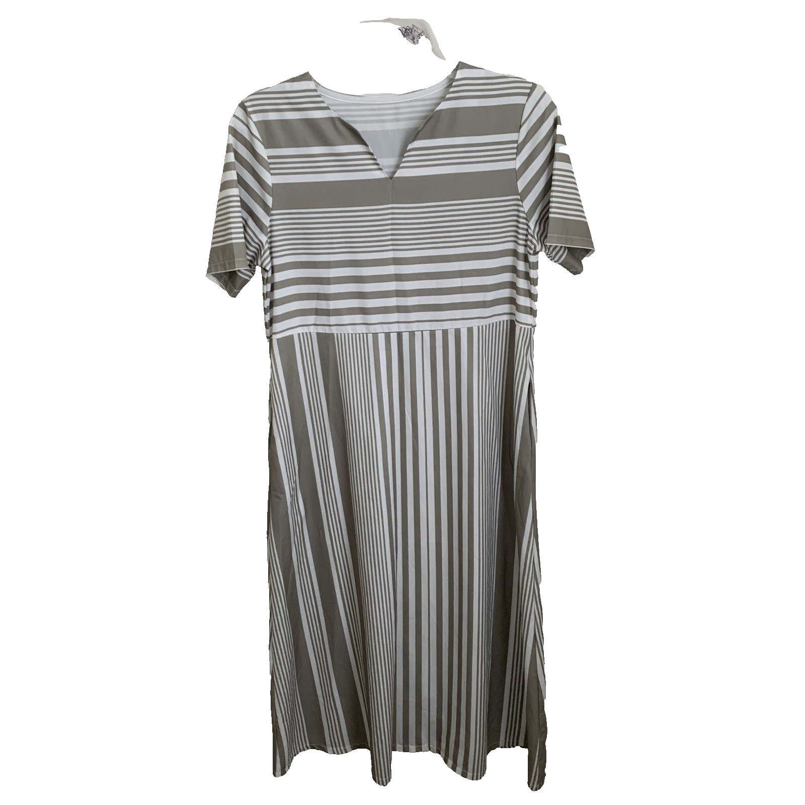 V Neck Striped Dress Ladies Medium Boho Short Sleeve Midi Lightweight Slimming