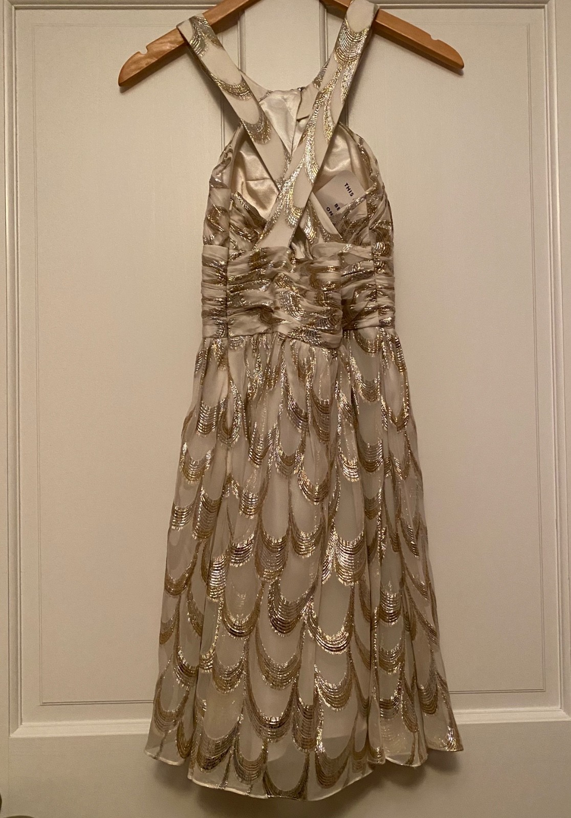 Aidan Mattox Ivory Gold Silk Metallic Halter Dress Size 2 – New w/ Tag