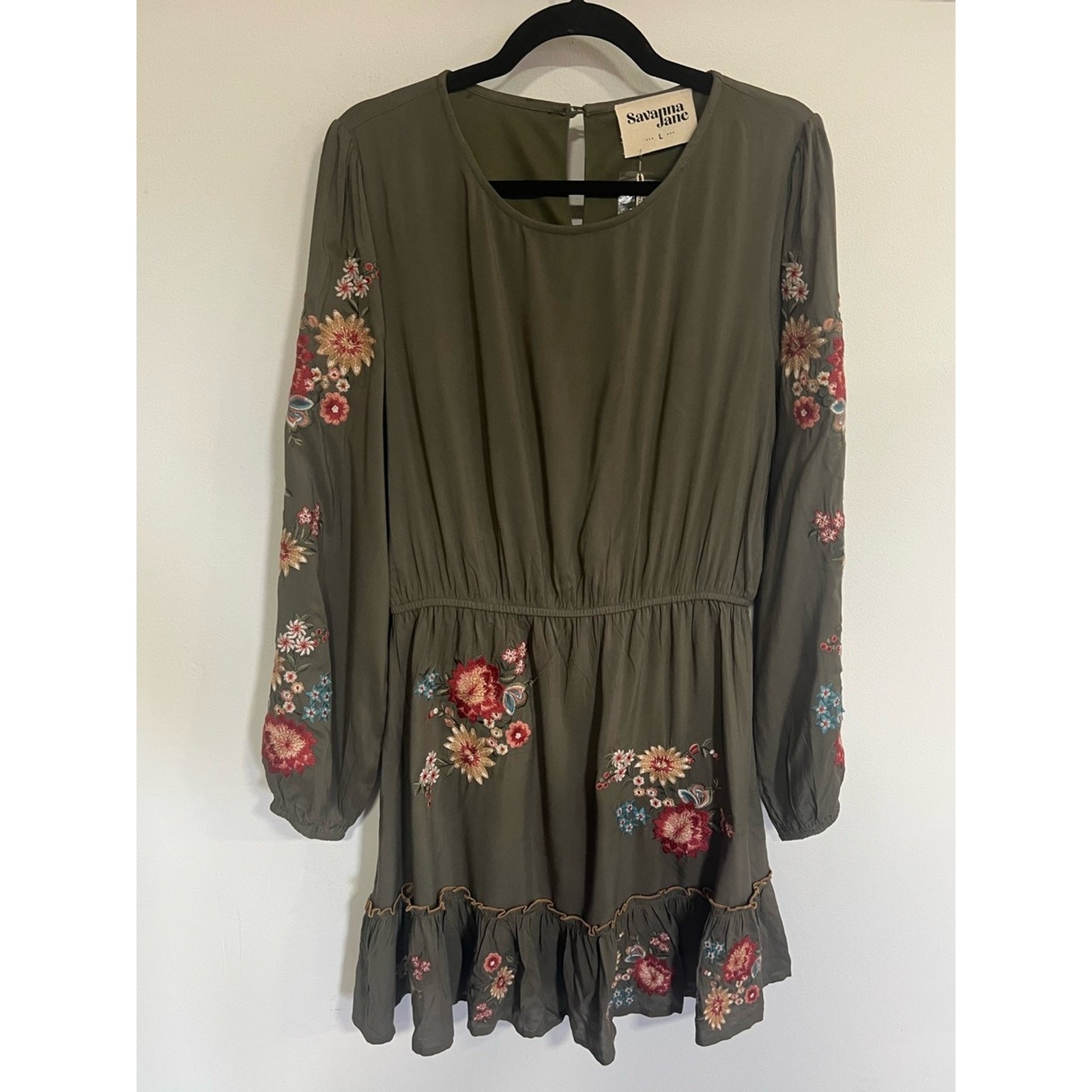*NEW* Savanna Jane Embroidered Boho Olive Green Dress Size Large