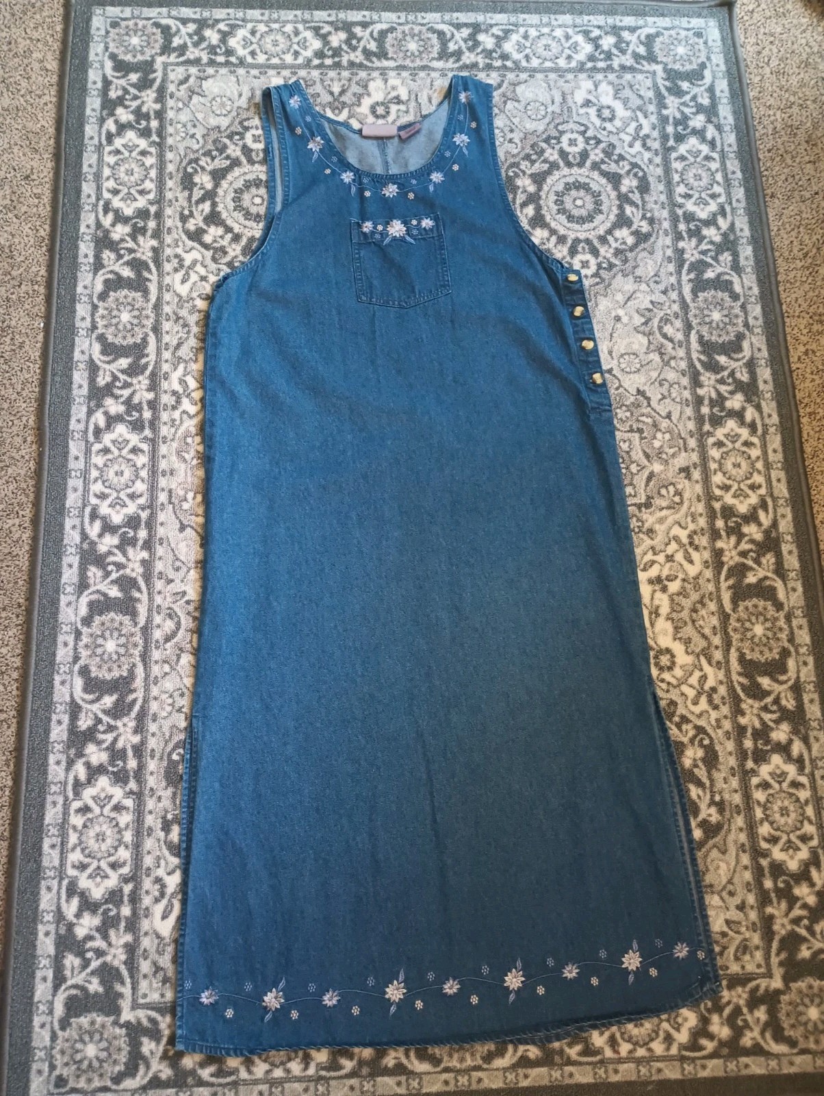 Premier International Womens Denim Overall Maxi Dress Large Embroidered Cottage