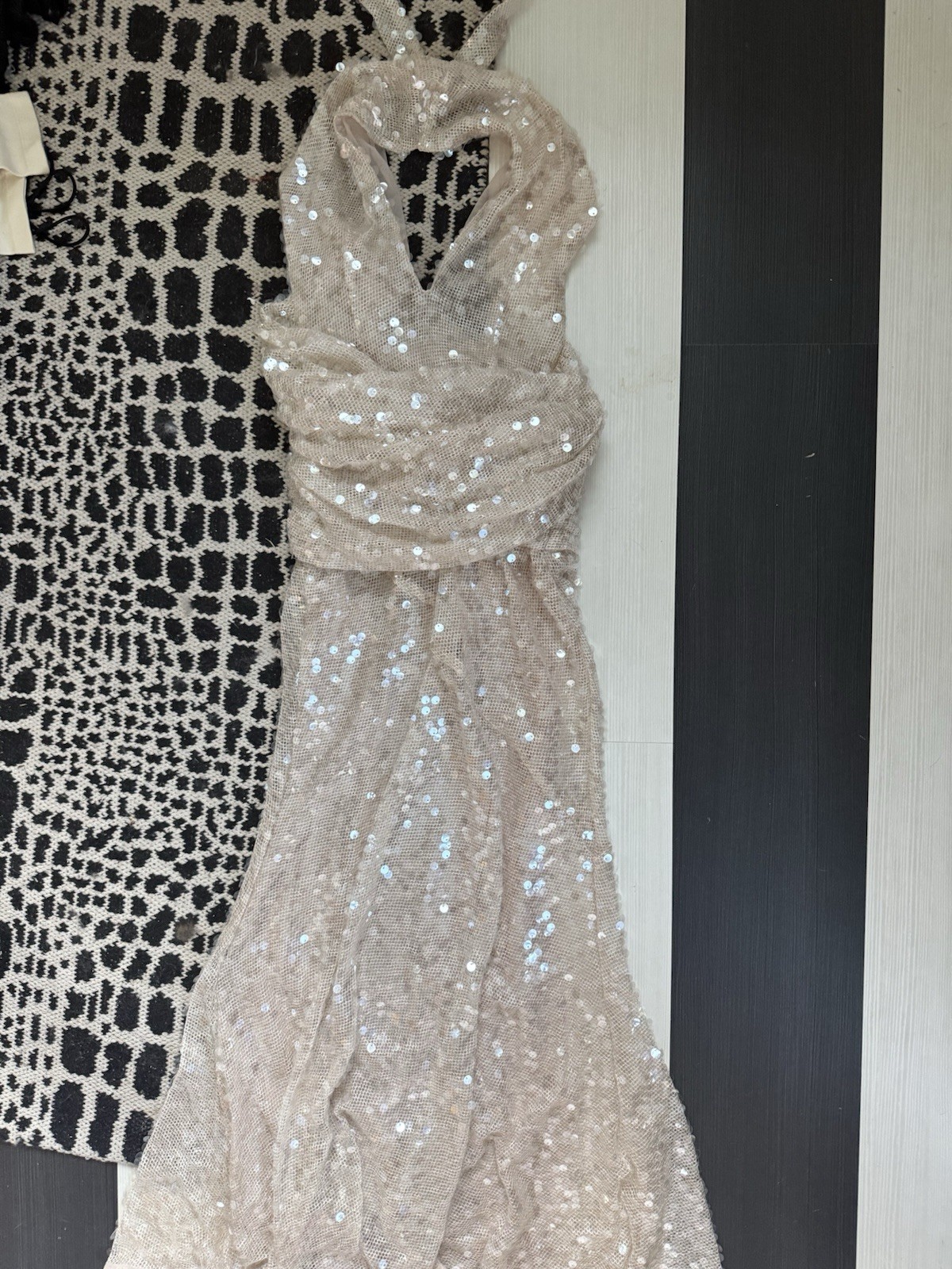 For Love & Lemons Beige Sequin Mesh V-Neck Sleeveless Maxi Dress S Lined