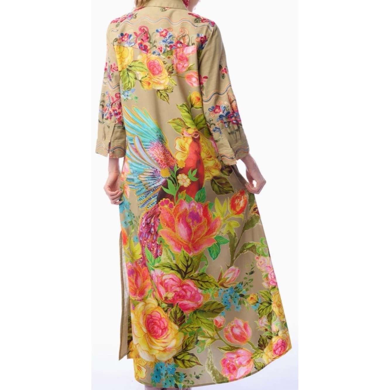 Aratta Boho Embroidered Khaki Duster / Maxi Dress Peacock Floral Festival JW