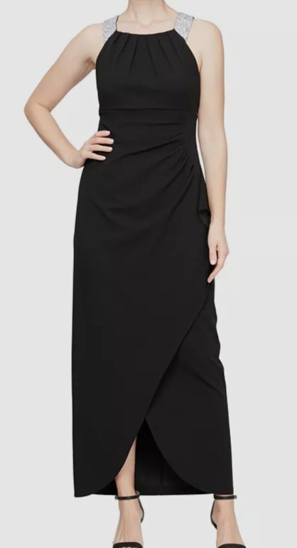 SLNY Women’s Black Embellished-Strap Halter Scuba Crepe A Line Gown Size 14