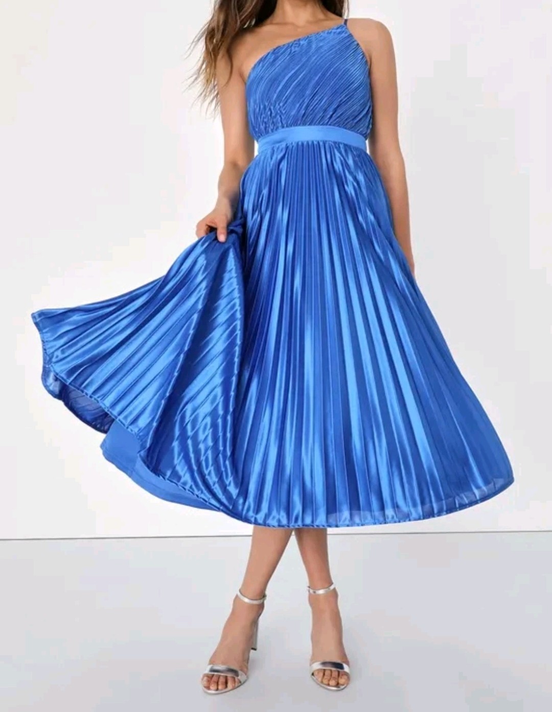 Lulus Alluring Marvel Royal Blue Satin Pleated One Shoulder Midi Dress Women’s L