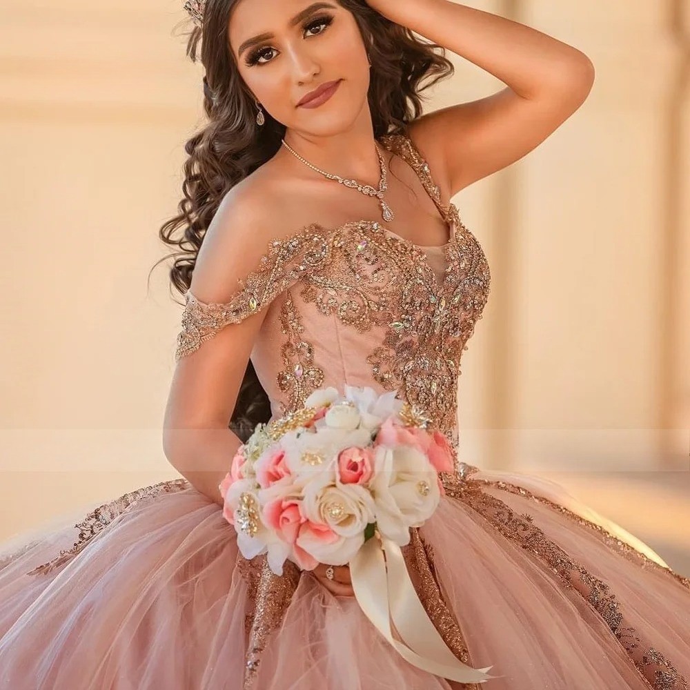 Pink Quinceanera Dress 2026 Rose Gold Lace Applique Princess Sweet 16 Ball Gown
