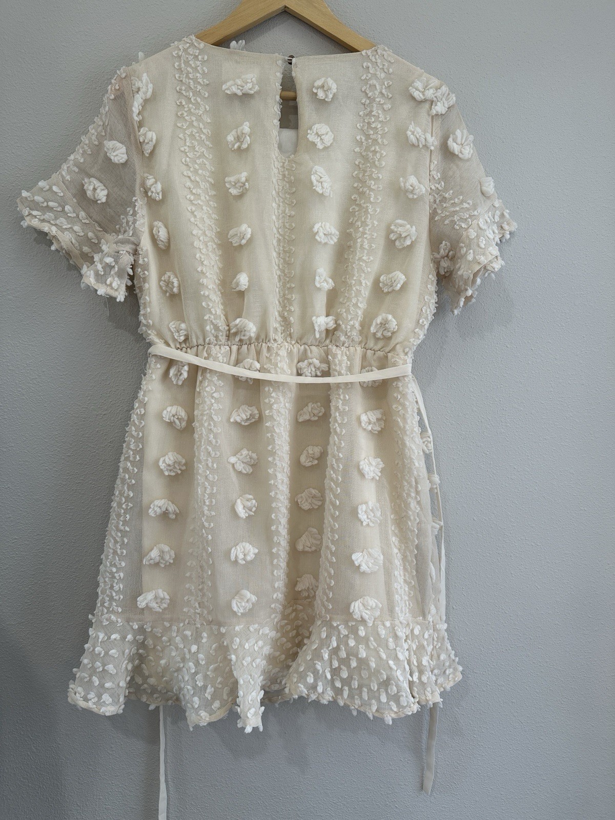 &Merci Ivory Textured Mini Dress 3D Pom Pom Floral Appliqués Size MEDIUM