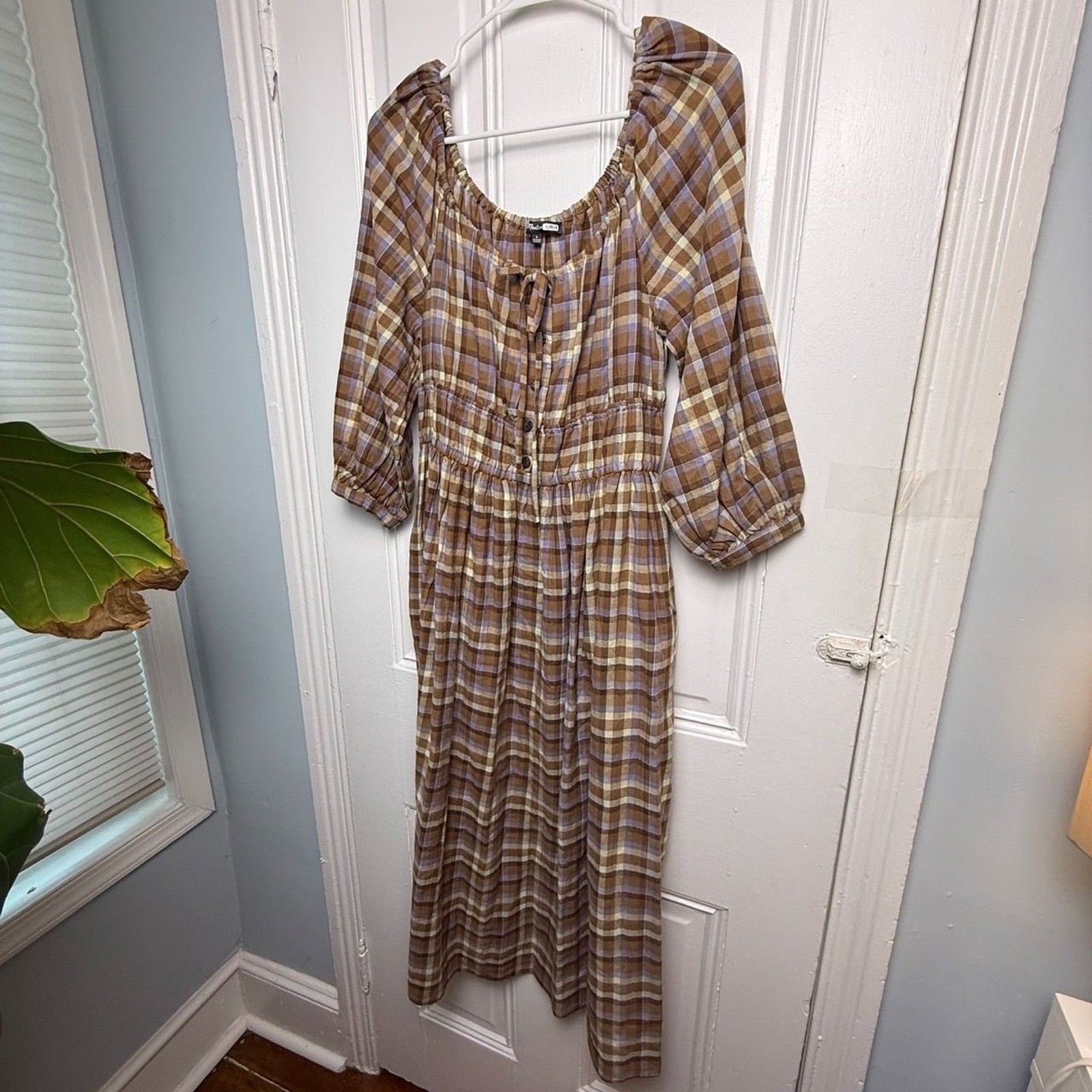 Madewell Plaid Boho Peasant Maxi Dress Womens Small Cotton Modest Flowy