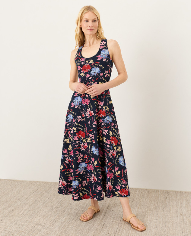 Pact Organic Fit & Flare Open Back Maxi Dress, Dayspring Blooms Multi