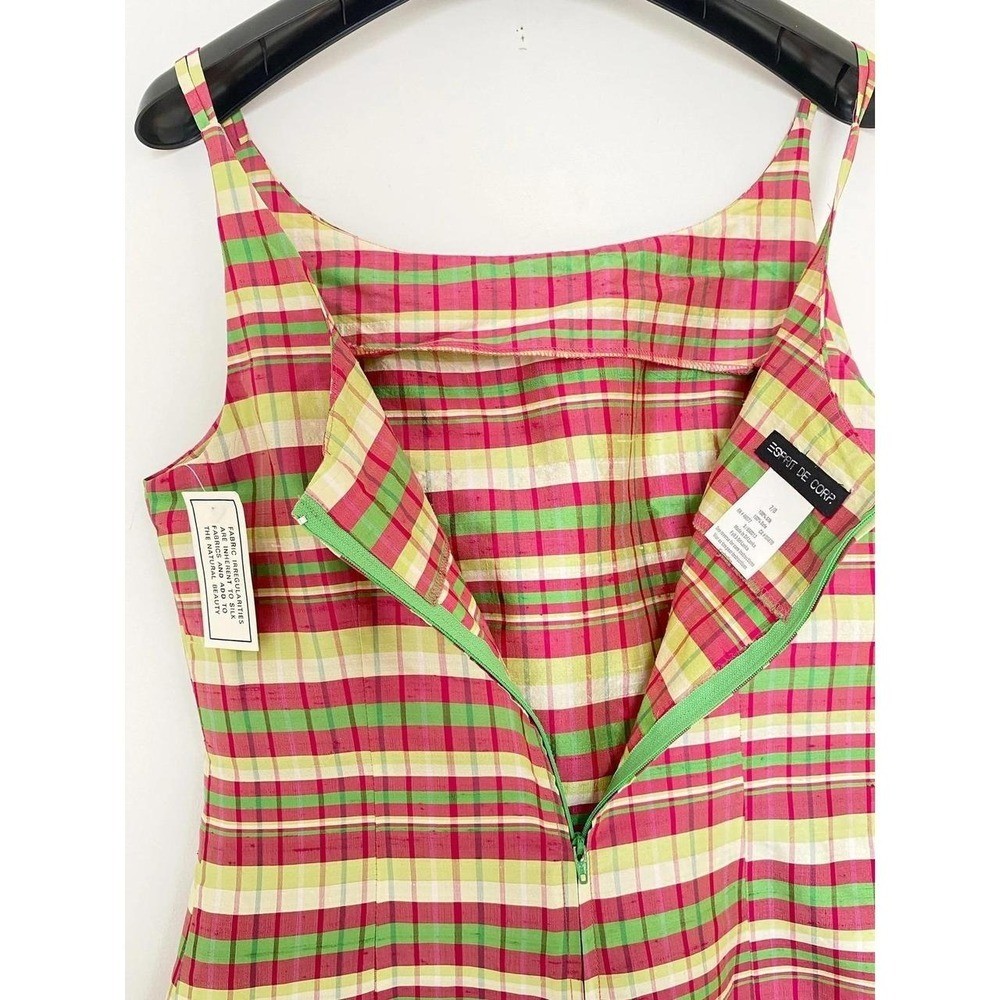 Vintage 90s Y2K Esprit Silk Slip Mini Dress Pastel Madras Plaid Retro Prep NOS