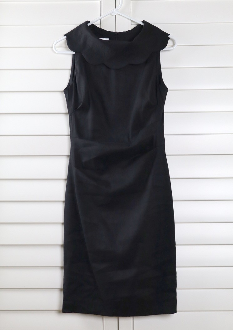 SARA CAMPBELL $168 Solid Black Lined Scalloped Pleated Linen Dress Size XS