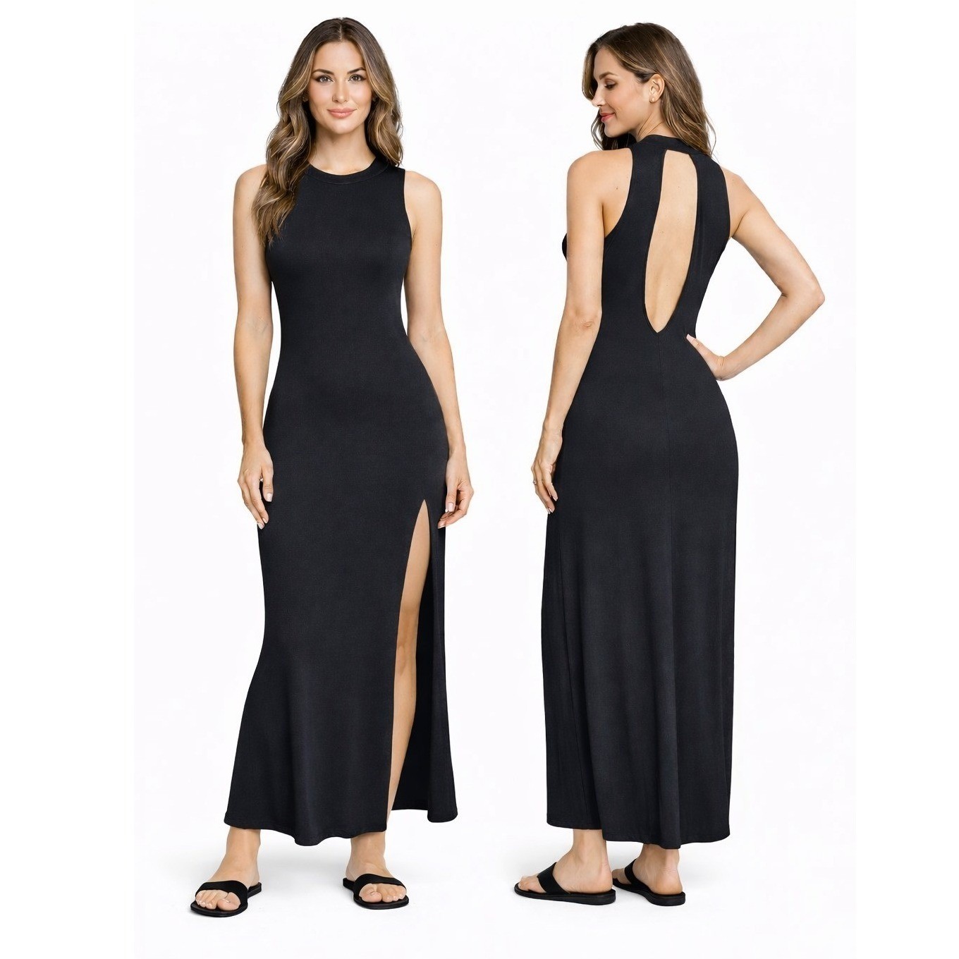 Hearts Black Sleeveless Mock Neck Side Slit Maxi Dress Size Large
