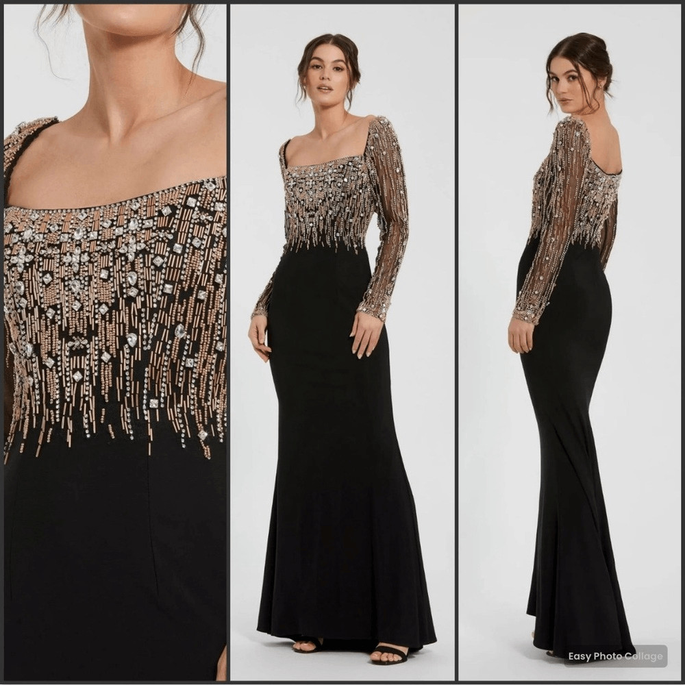 MAC DUGGAL 2256 Black Beaded Square Neck Long Sleeve Jersey Gown Size 8