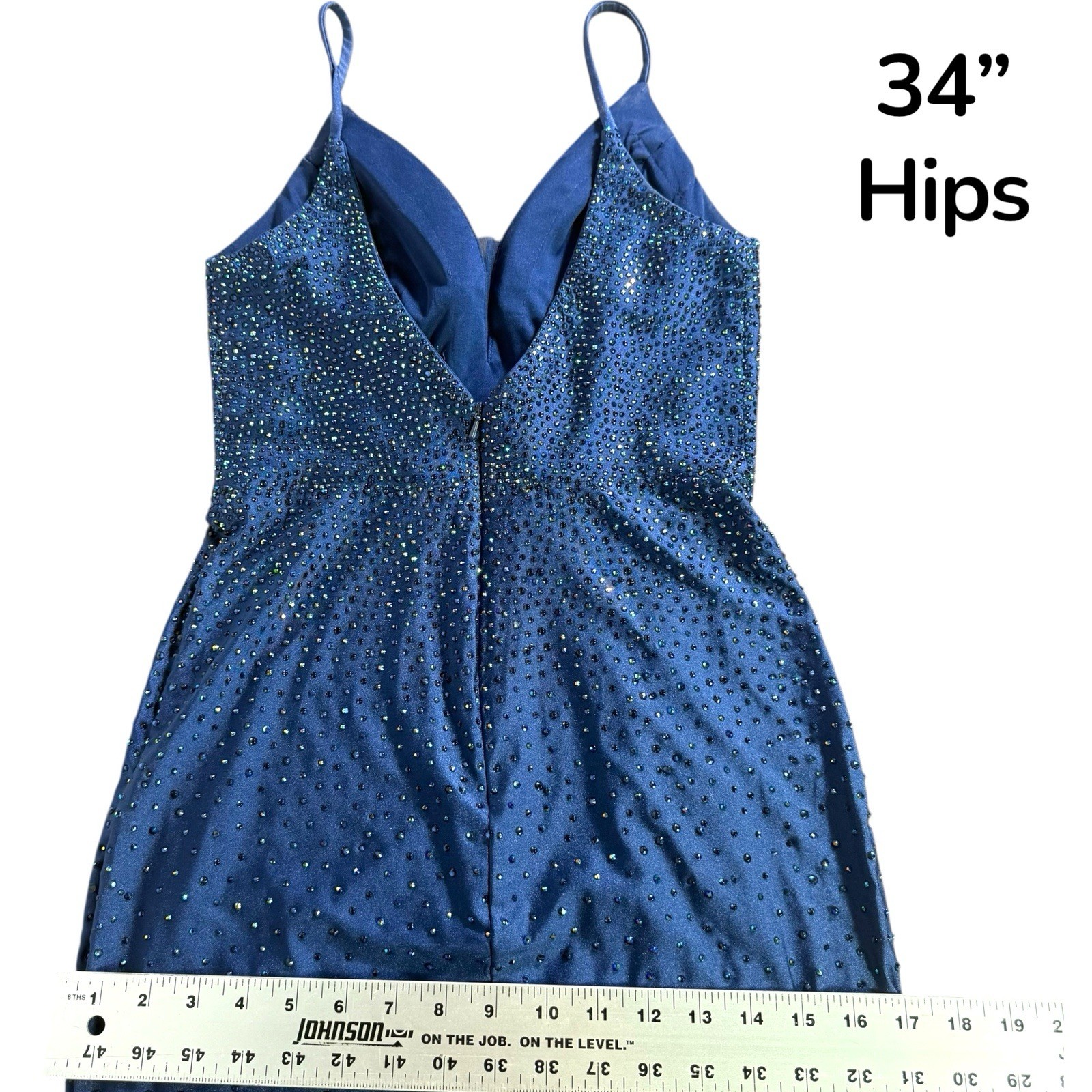Dancing Queen Navy Blue Beaded Sparkling Maxi Train Evening Dress Sz S
