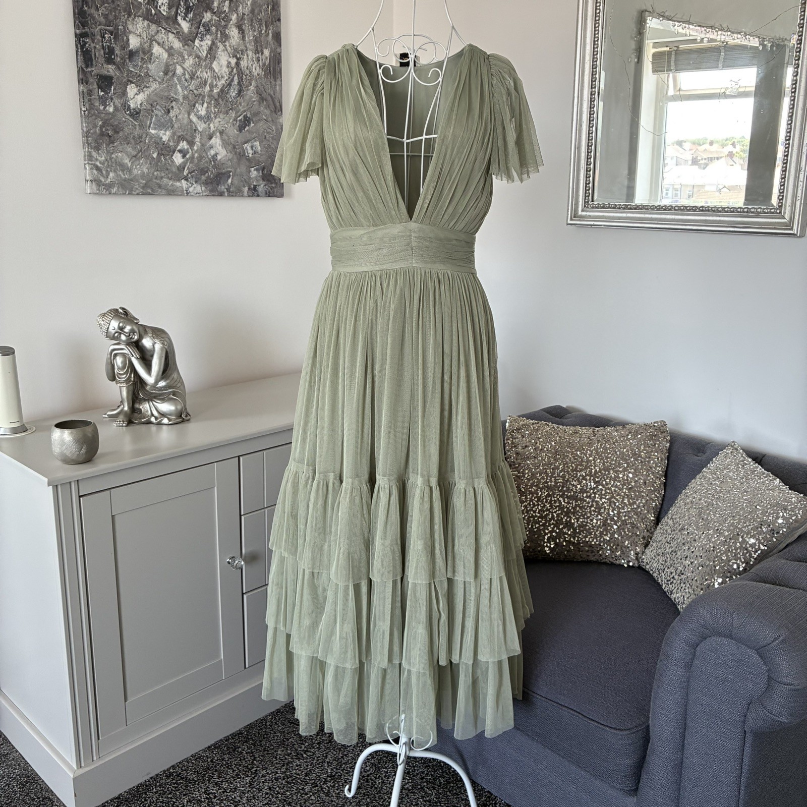 Lace & Beads Sage Tulle V-Neck Angel Sleeve Fitted Waist Tiered Midi Dress 8