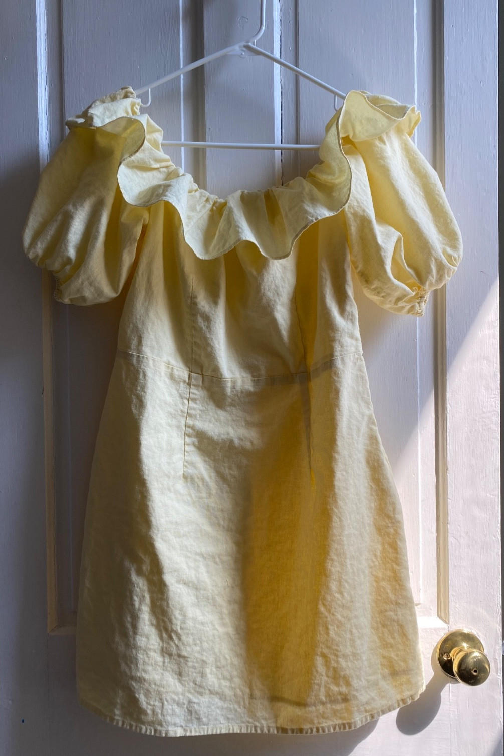 H&M Yellow Linen Blend Mini Dress Off Shoulder Ruffle Puff Sleeve Women’s Size 8