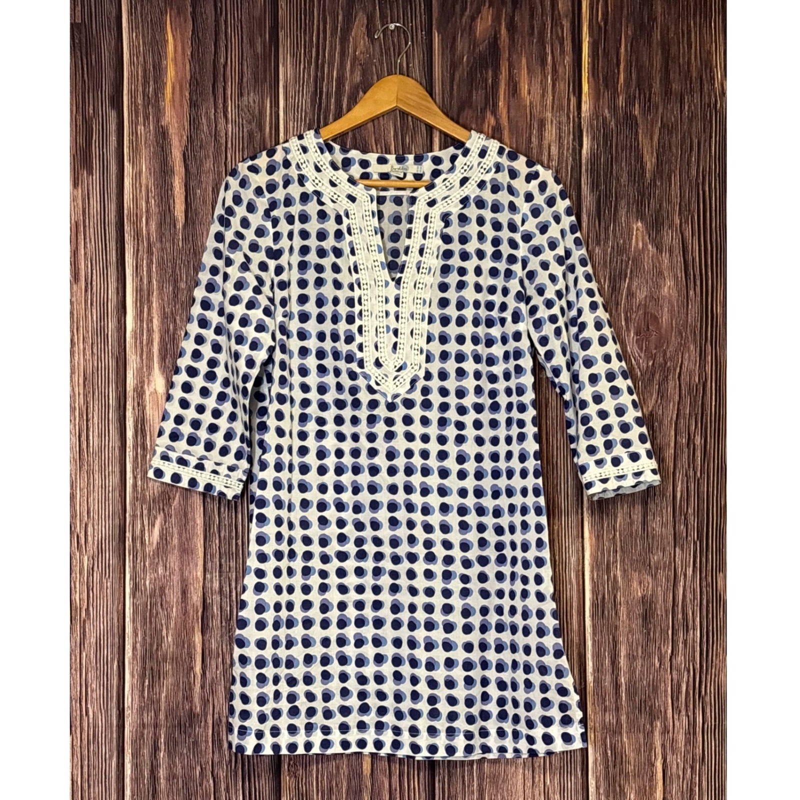 Boden Tunic Top Womens US 6R Blue Purple Polka Dot Cotton Crochet Trim Boho